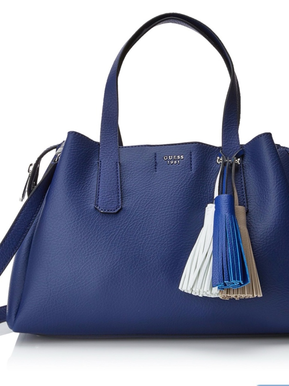 GUESS Blue Pebbled Leather Tote with Tri-Tassel Accent